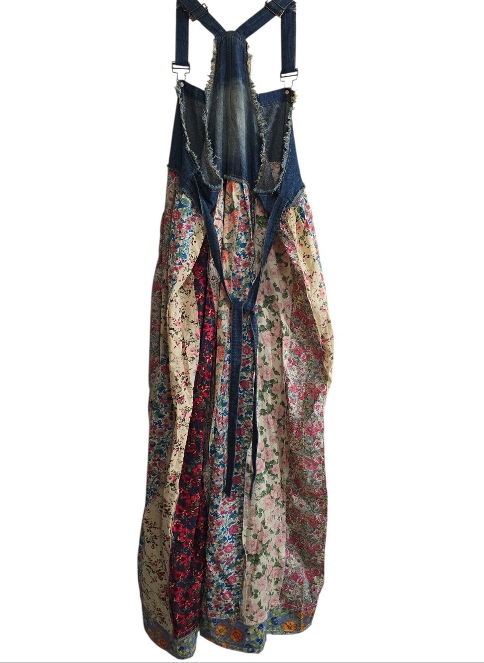 A Rare Bird Denim Overall Patchwork Maxi Dress XXL Tie Back Boho Cottagecore - Picture 5 of 8